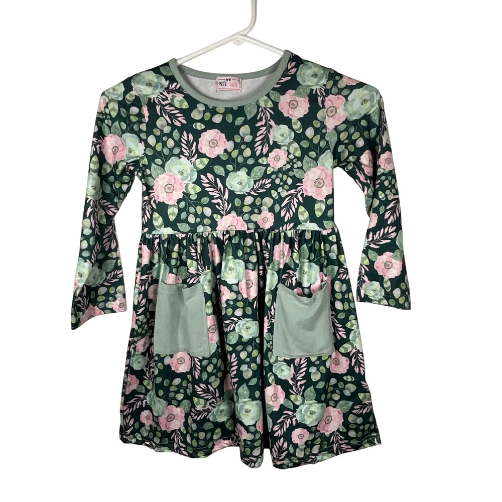 Pete + Lucy Girls Floral Print Dress Green‎ Pink Pockets Size 5 Kids